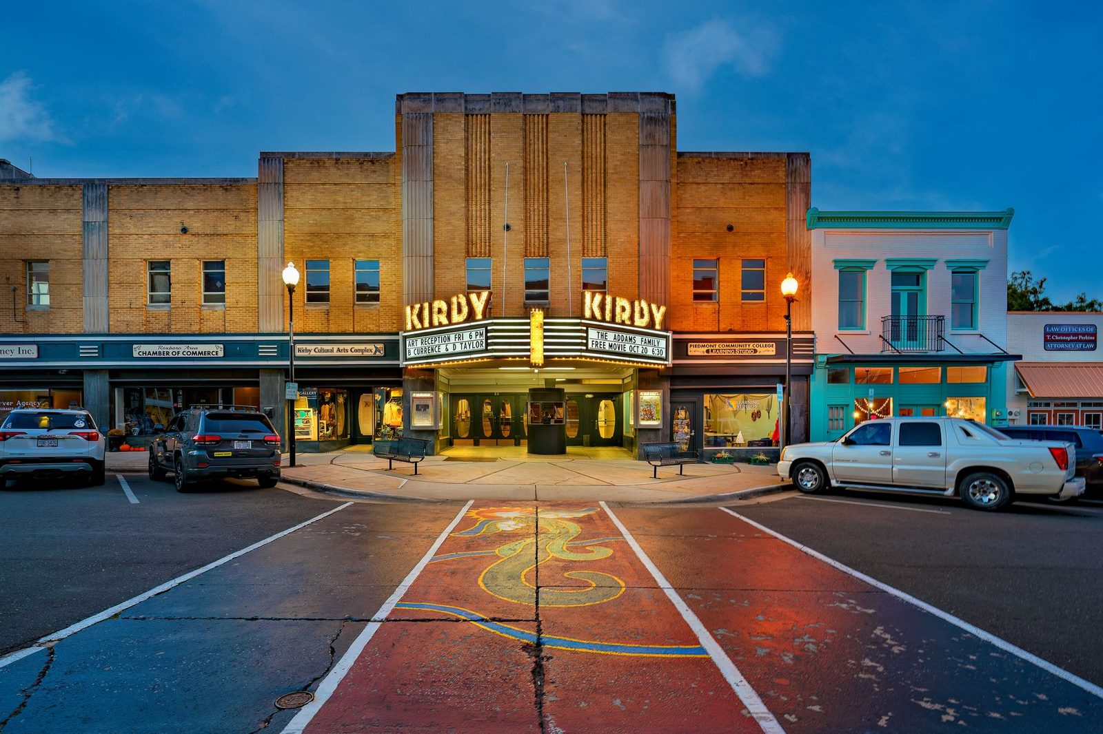 The Kirby Theater lit at twilight in Roxboro, North Carolina